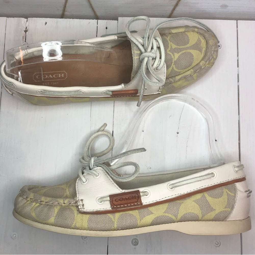 Coach Coralin Loafers Slip On Sz 6B Signature Yellow Tan Logo White Boat Shoes